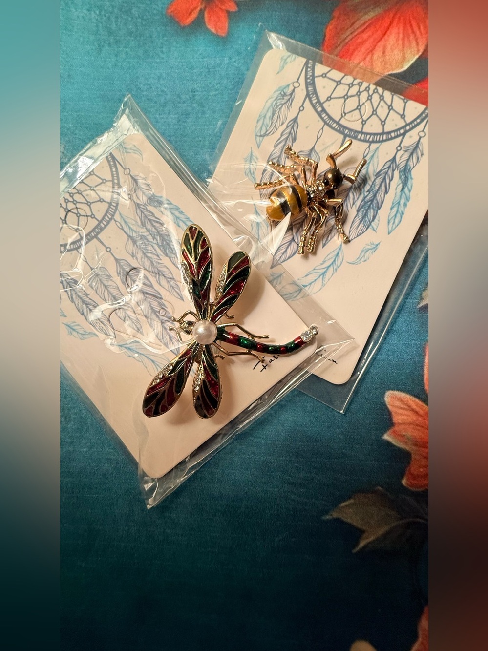 Gold-Tone Dragonfly Brooch Bundle with Green & Red Enamel